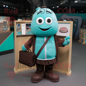 Teal Chocolate Bar mascot costume character dressed with a Cardigan and Tote bags