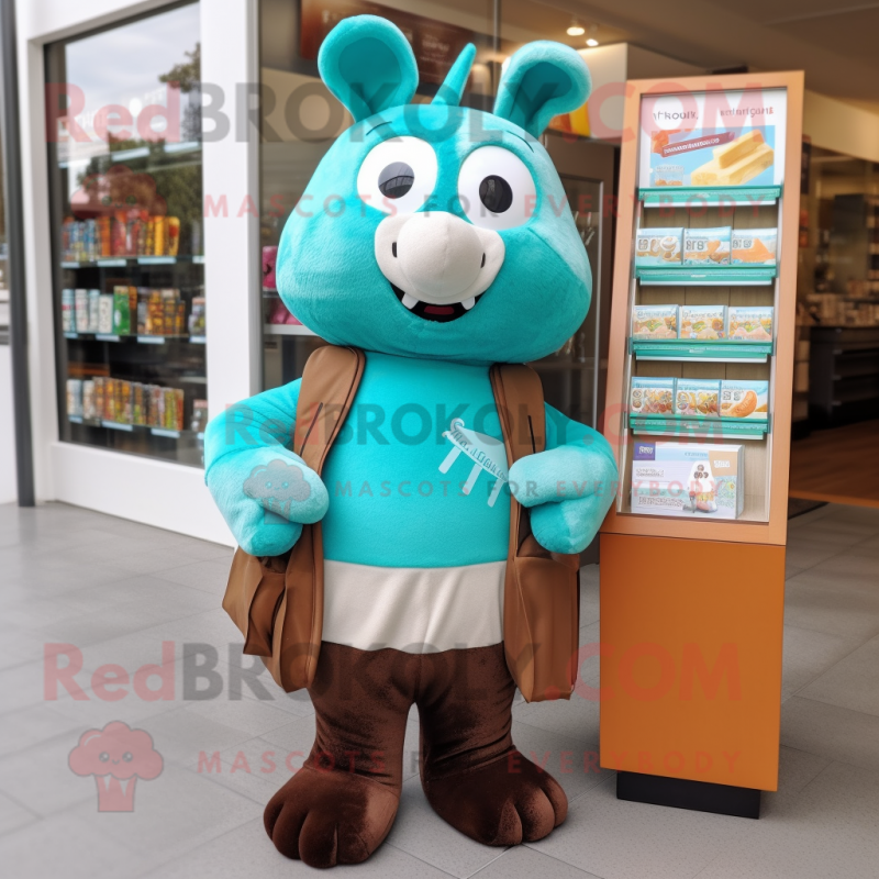 Teal Chocolate Bar mascot costume character dressed with a Cardigan and Tote bags