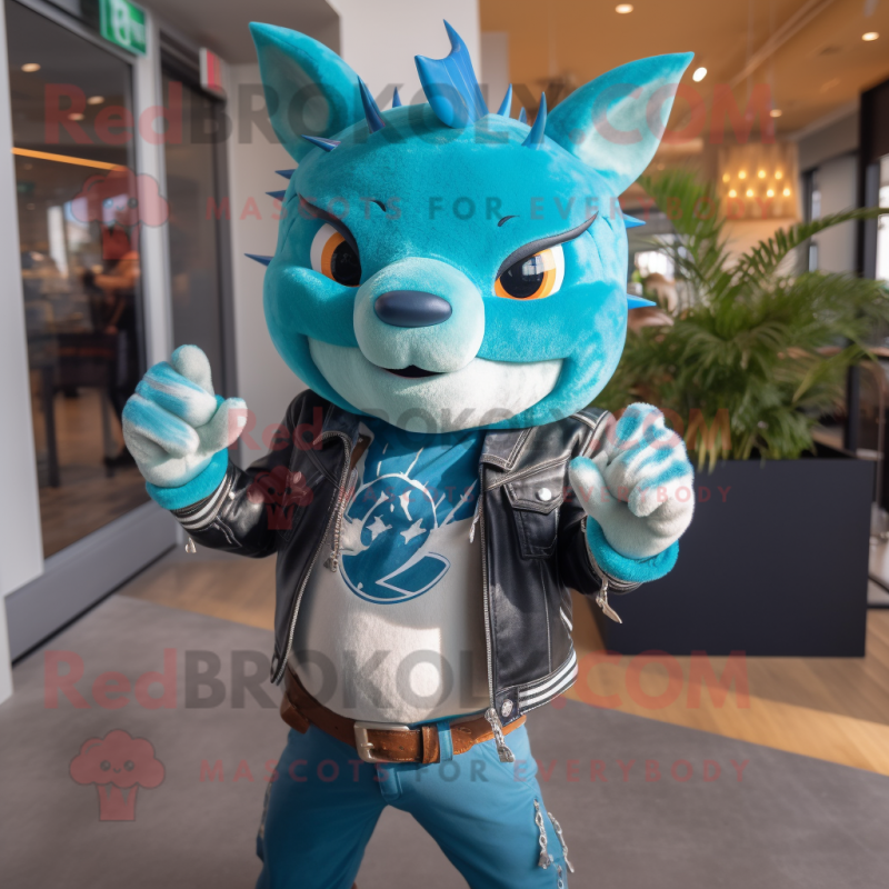 Turquoise Tuna mascot costume character dressed with a Leather Jacket and Bracelets Turquoise Tuna mascot costume character dressed with a Leather Jacket and Bracelets