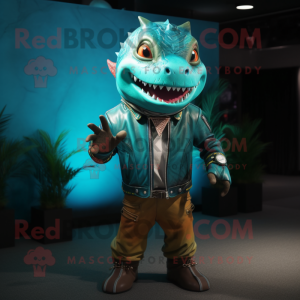 Turquoise Tuna mascot costume character dressed with a Leather Jacket and Bracelets