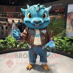 Turquoise Tuna mascot costume character dressed with a Leather Jacket and Bracelets
