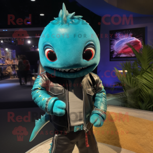 Turquoise Tuna mascot costume character dressed with a Leather Jacket and Bracelets