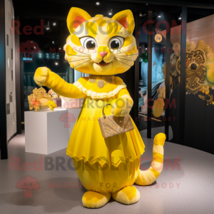 Yellow Cat mascot costume character dressed with a Evening Gown and Handbags