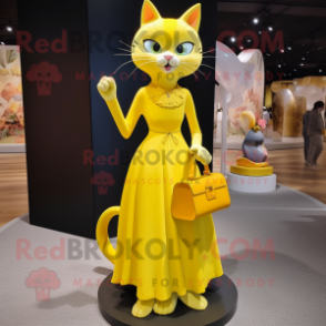 Yellow Cat mascot costume character dressed with a Evening Gown and Handbags