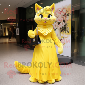 Yellow Cat mascot costume character dressed with a Evening Gown and Handbags