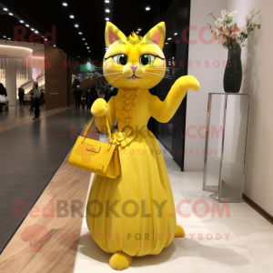 Yellow Cat mascot costume character dressed with a Evening Gown and Handbags