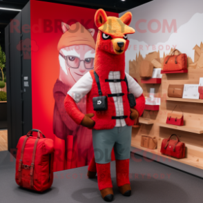 Red Llama mascot costume character dressed with a Oxford Shirt and Messenger bags