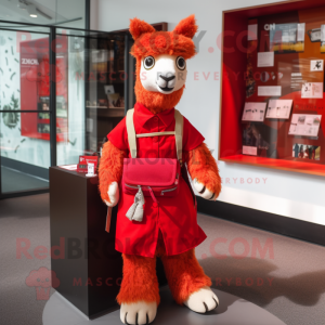 Red Llama mascot costume character dressed with a Oxford Shirt and Messenger bags