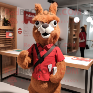 Red Llama mascot costume character dressed with a Oxford Shirt and Messenger bags