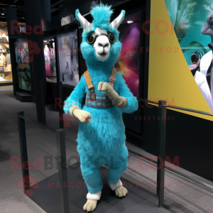 Turquoise Llama mascot costume character dressed with a Denim Shorts and Bracelet watches