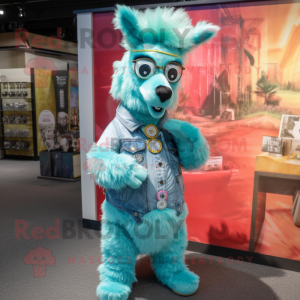 Turquoise Llama mascot costume character dressed with a Denim Shorts and Bracelet watches