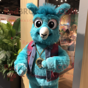 Turquoise Llama mascot costume character dressed with a Denim Shorts and Bracelet watches