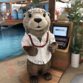 nan Otter mascot costume character dressed with a Poplin Shirt and Necklaces