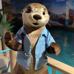 nan Otter mascot costume character dressed with a Poplin Shirt and Necklaces