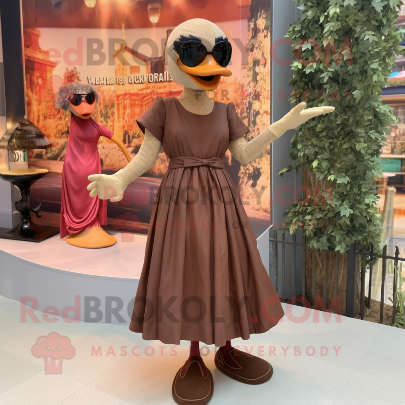 Brown Swan mascot costume character dressed with a A-Line Skirt and Sunglasses Brown Swan mascot costume character dressed with a A-Line Skirt and Sunglasses