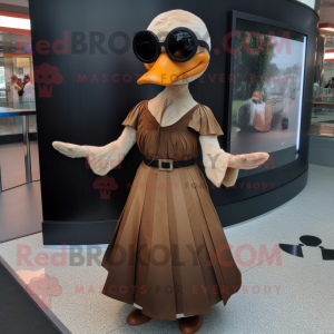 Brown Swan mascot costume character dressed with a A-Line Skirt and Sunglasses