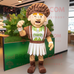 Brown Caesar Salad mascot costume character dressed with a Rugby Shirt and Hats