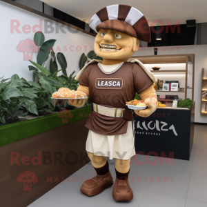 Brown Caesar Salad mascot costume character dressed with a Rugby Shirt and Hats