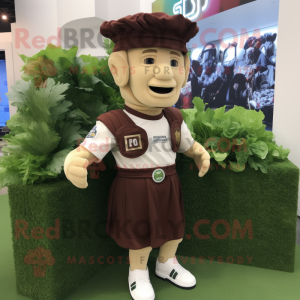 Brown Caesar Salad mascot costume character dressed with a Rugby Shirt and Hats