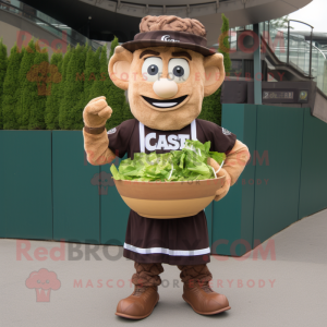 Brown Caesar Salad mascot costume character dressed with a Rugby Shirt and Hats