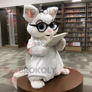 White Flying Squirrel mascot costume character dressed with a Pleated Skirt and Reading glasses