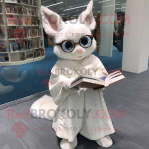 White Flying Squirrel mascot costume character dressed with a Pleated Skirt and Reading glasses