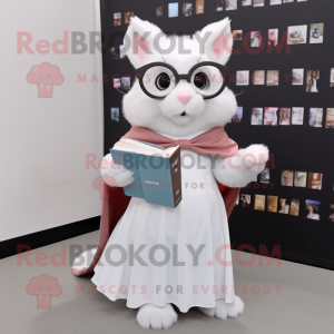 White Flying Squirrel mascot costume character dressed with a Pleated Skirt and Reading glasses