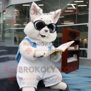 White Flying Squirrel mascot costume character dressed with a Pleated Skirt and Reading glasses