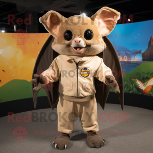 Tan Fruit Bat mascot costume character dressed with a Sweatshirt and Lapel pins