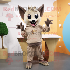 Tan Fruit Bat mascot costume character dressed with a Sweatshirt and Lapel pins