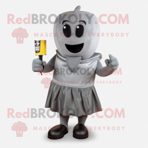 Gray Boxing Glove mascot costume character dressed with a Pencil Skirt and Shawl pins