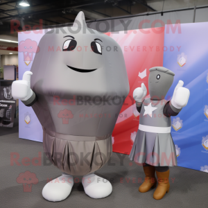 Gray Boxing Glove mascot costume character dressed with a Pencil Skirt and Shawl pins