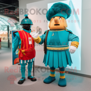 Teal Swiss Guard mascot costume character dressed with a Bermuda Shorts and Watches