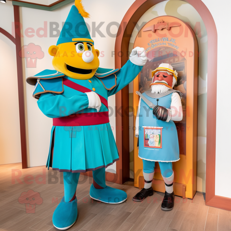 Teal Swiss Guard mascot costume character dressed with a Bermuda Shorts and Watches