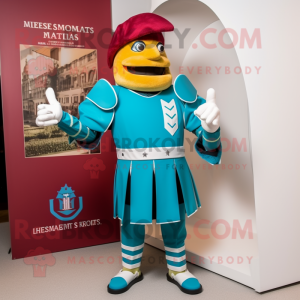 Teal Swiss Guard mascot costume character dressed with a Bermuda Shorts and Watches