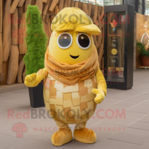 Gold Potato mascot costume character dressed with a Vest and Headbands