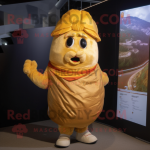 Gold Potato mascot costume character dressed with a Vest and Headbands