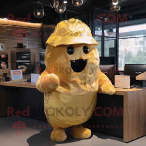 Gold Potato mascot costume character dressed with a Vest and Headbands