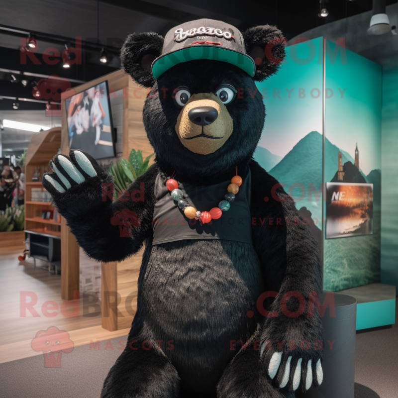 Black Bear mascot costume character dressed with a Bikini and Beanies Black Bear mascot costume character dressed with a Bikini and Beanies