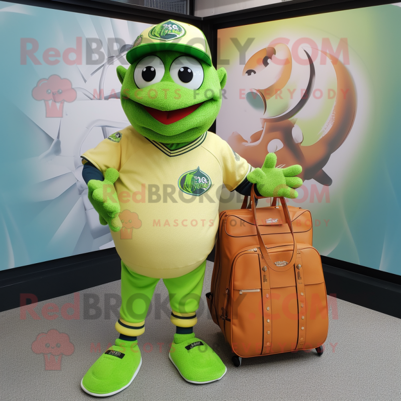 Lime Green Wrist Watch mascot costume character dressed with a Baseball Tee and Tote bags