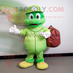 Lime Green Wrist Watch mascot costume character dressed with a Baseball Tee and Tote bags