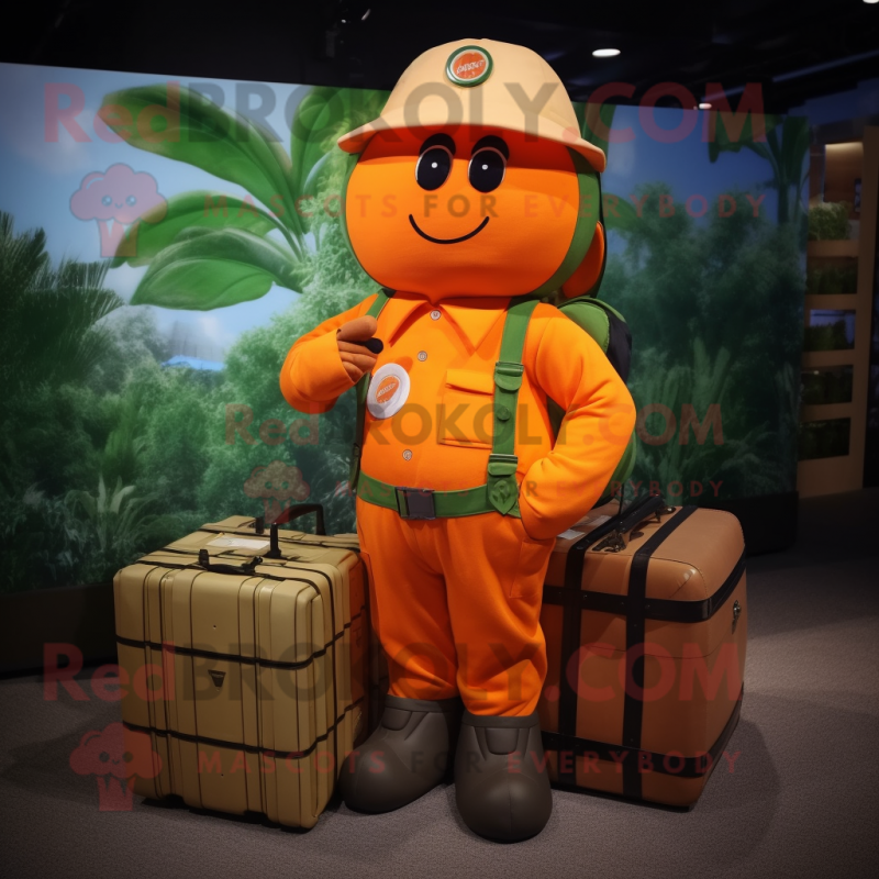 Orange Plum mascot costume character dressed with a Cargo Pants and Briefcases Orange Plum mascot costume character dressed with a Cargo Pants and Briefcases
