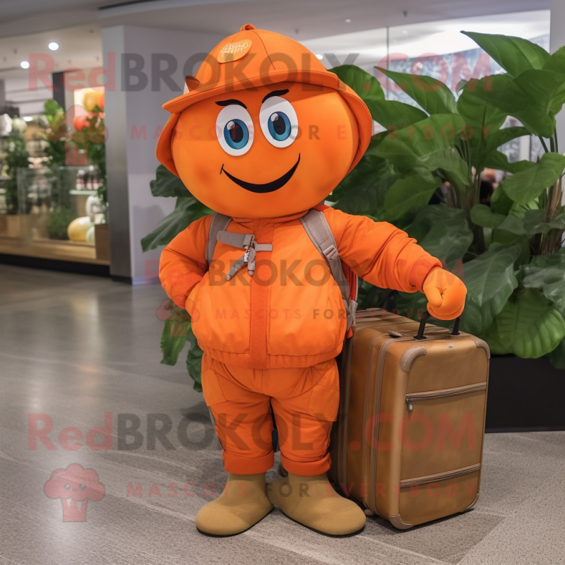 Orange Plum mascot costume character dressed with a Cargo Pants and Briefcases Orange Plum mascot costume character dressed with a Cargo Pants and Briefcases