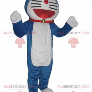 Very smiling blue and white cat mascot with a red collar -