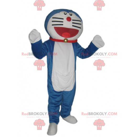 Very smiling blue and white cat mascot with a red collar -