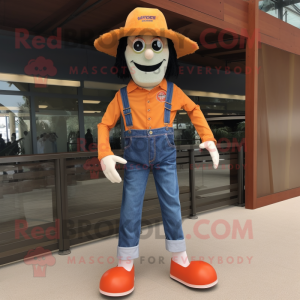Orange Stilt Walker mascot costume character dressed with a Denim Shorts and Belts