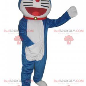 Mascote gato azul e branco muito sorridente com coleira