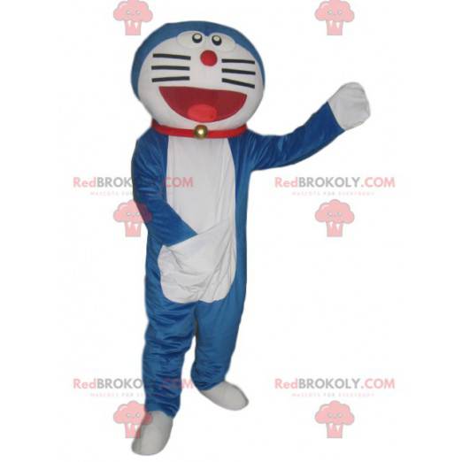 Very smiling blue and white cat mascot with a red collar -