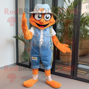 Orange Stilt Walker mascot costume character dressed with a Denim Shorts and Belts