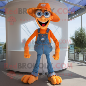 Orange Stilt Walker mascot costume character dressed with a Denim Shorts and Belts